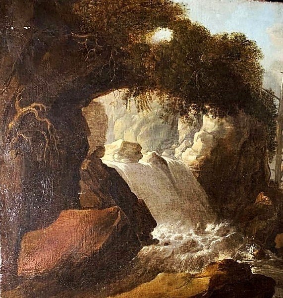 Paesaggio con cascata e personaggi, olio su tela della 2a metà del Seicento in cornice coeva.-photo-3