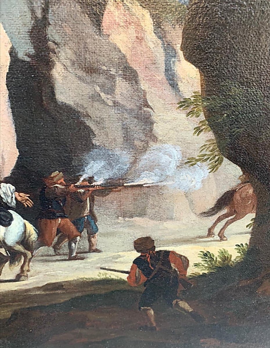 Paesaggio roccioso con imboscata dei briganti. Olio su tela 99 cm X 137 cm, XVII secolo. -photo-1