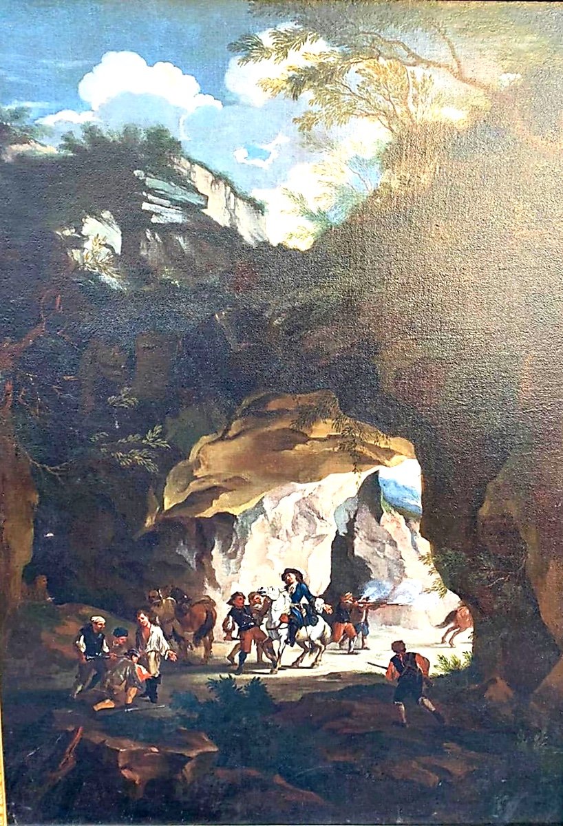 Paesaggio roccioso con imboscata dei briganti. Olio su tela 99 cm X 137 cm, XVII secolo. 