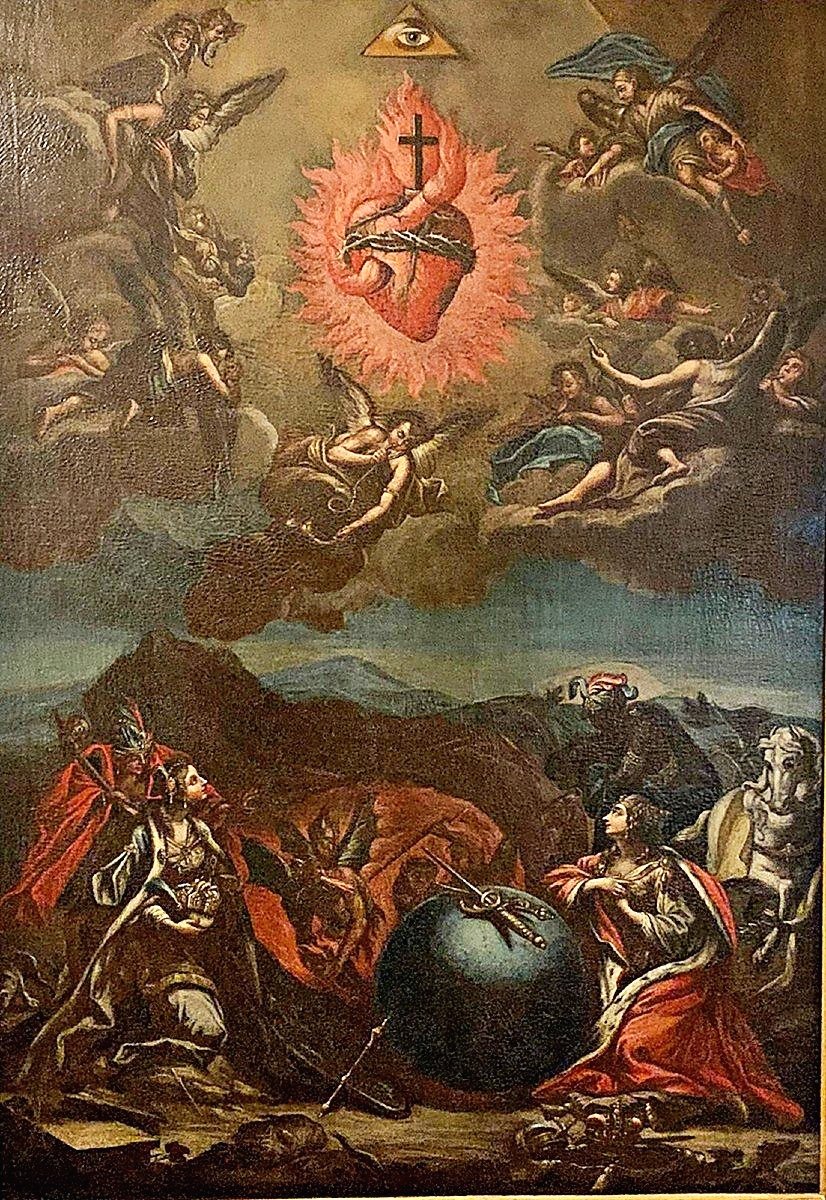 I 4 continenti in adorazione del sacro cuore di Gesù - Olio su tela 2a metà del XVII s. -photo-2