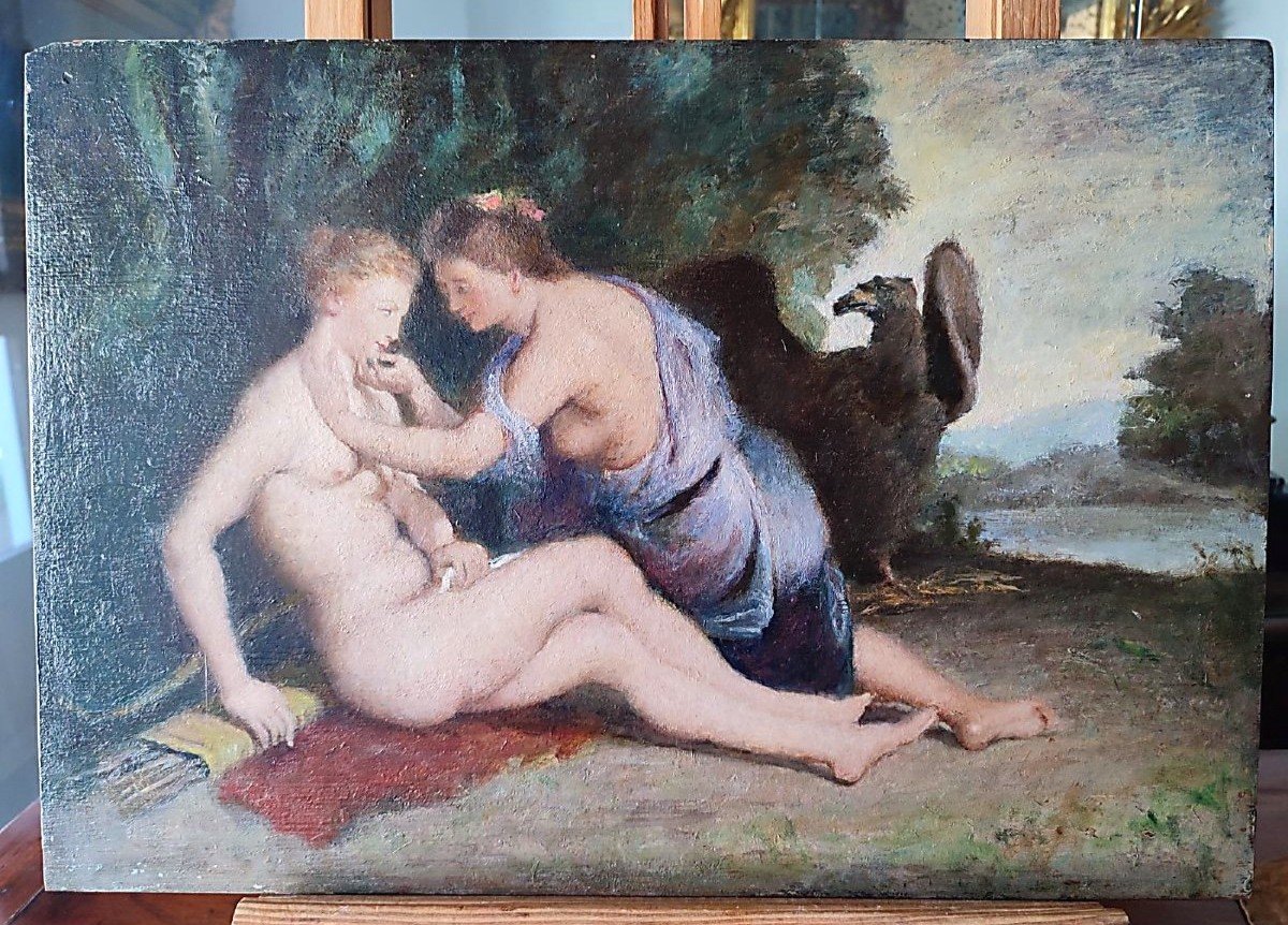 Giove e Callisto, olio su tavoletta periodo romantico. Copia da Rubens.