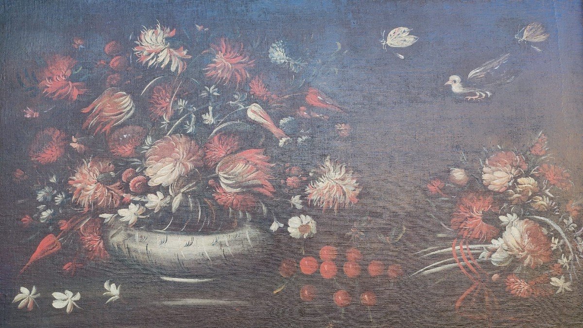 Bellissima coppia di nature morte del XVII secolo con vasi di fiori e volatili.-photo-4