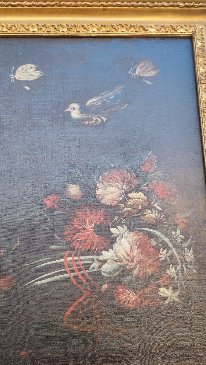 Bellissima coppia di nature morte del XVII secolo con vasi di fiori e volatili.-photo-6
