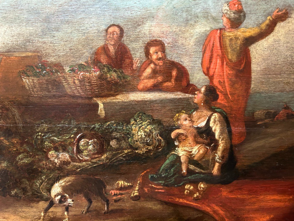 Scena di mercato, olio su tavola di ambito fiammingo della prima metà del Seicento.-photo-4
