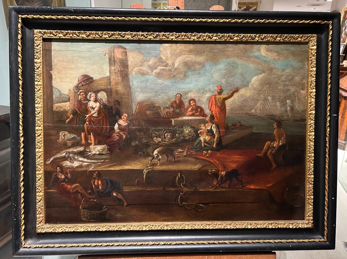 Scena di mercato, olio su tavola di ambito fiammingo della prima metà del Seicento.