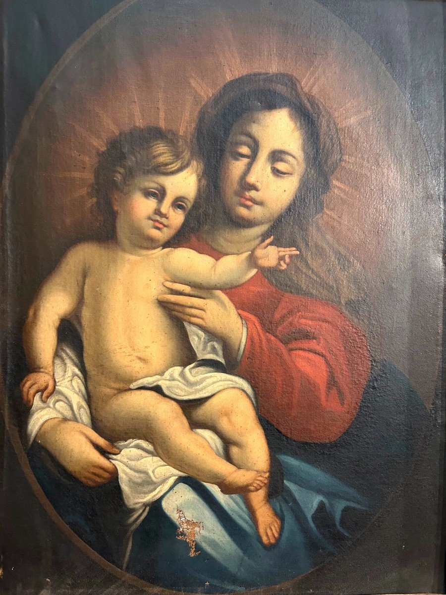 Grande Madonna con bambino di ambito emiliano del seicento in prima tela e cornice coeva -photo-2