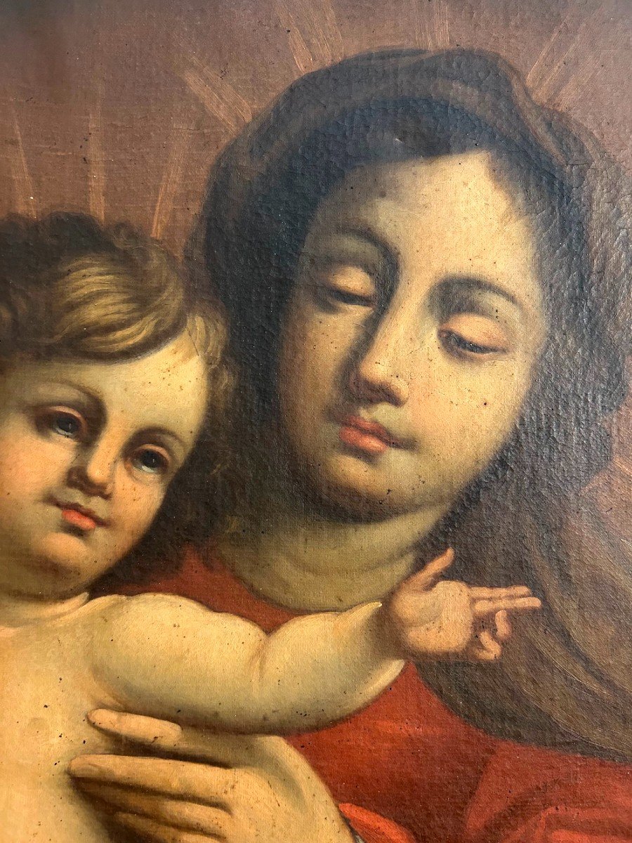 Grande Madonna con bambino di ambito emiliano del seicento in prima tela e cornice coeva -photo-3