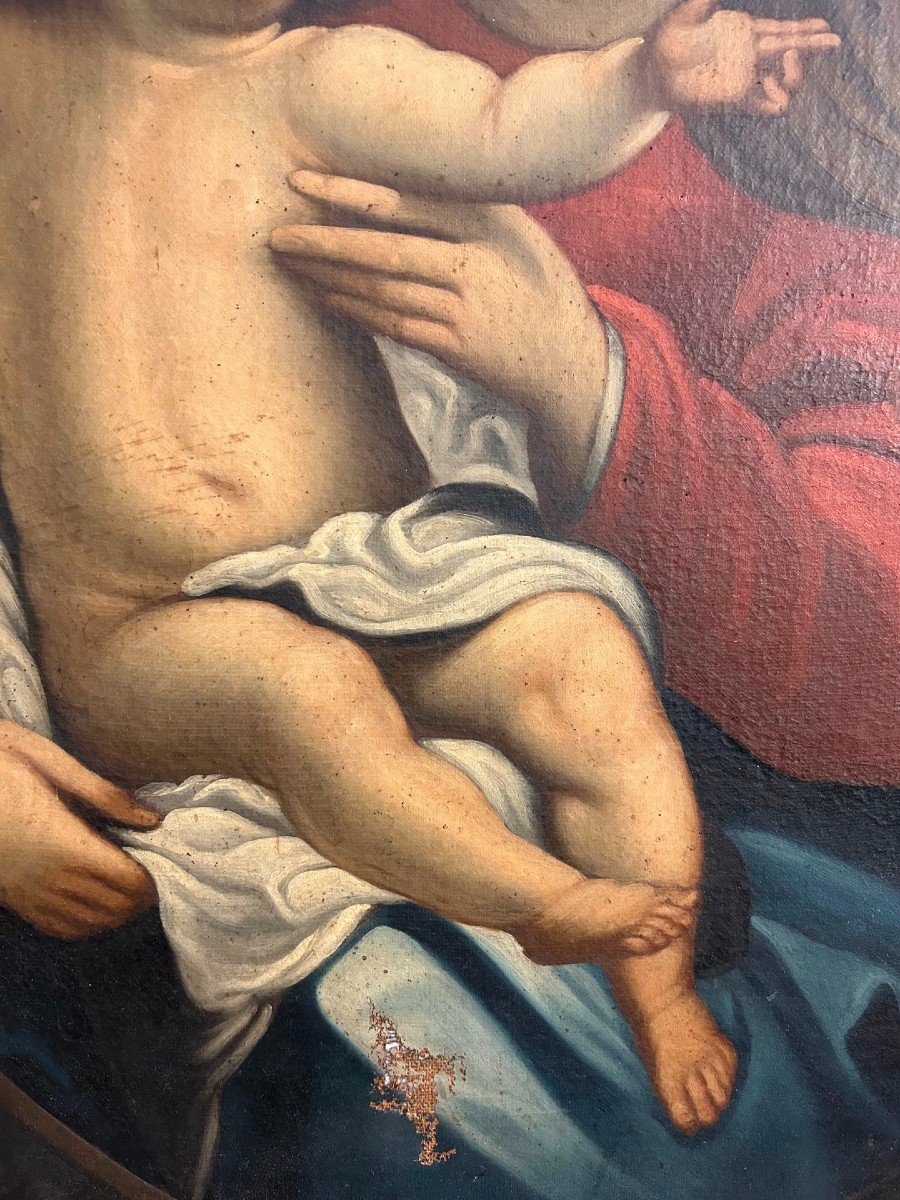 Grande Madonna con bambino di ambito emiliano del seicento in prima tela e cornice coeva -photo-1