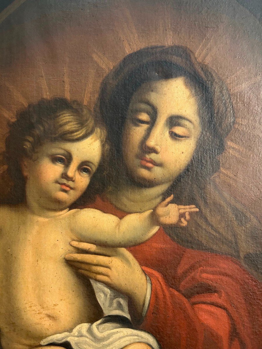 Grande Madonna con bambino di ambito emiliano del seicento in prima tela e cornice coeva -photo-2