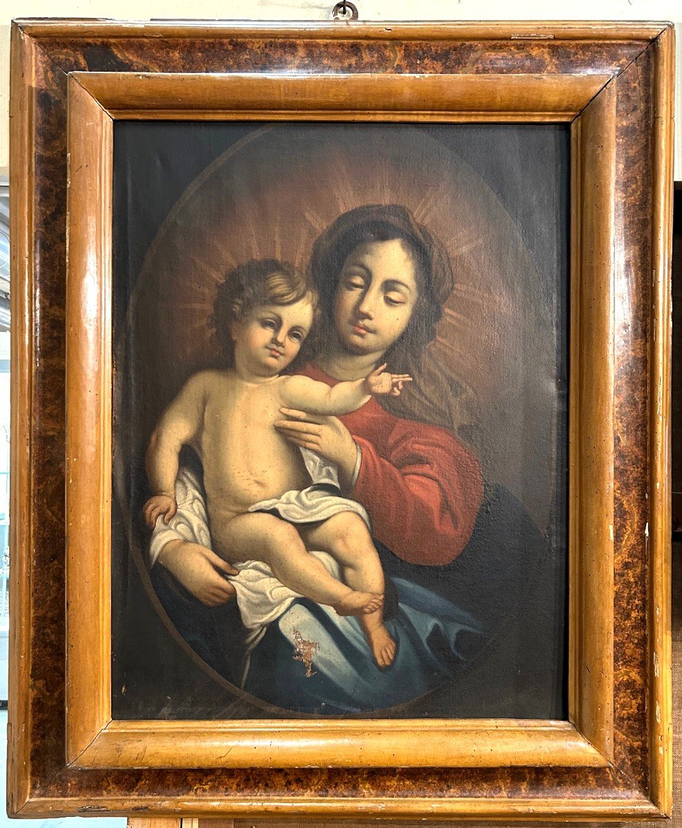 Grande Madonna con bambino di ambito emiliano del seicento in prima tela e cornice coeva 