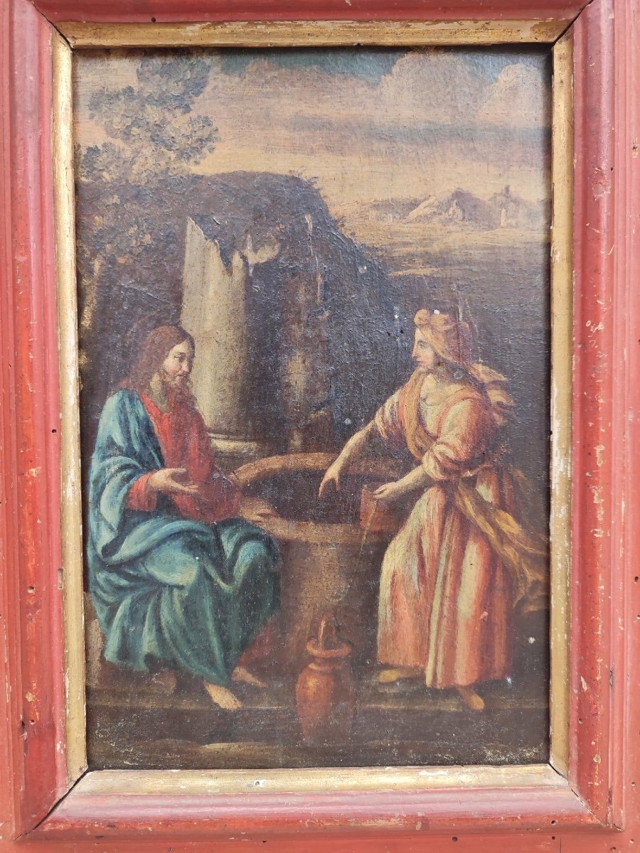 ''Samaritana al pozzo'', olio su tavola prima metà del XVII secolo su cornice coeva in lacca ro-photo-2