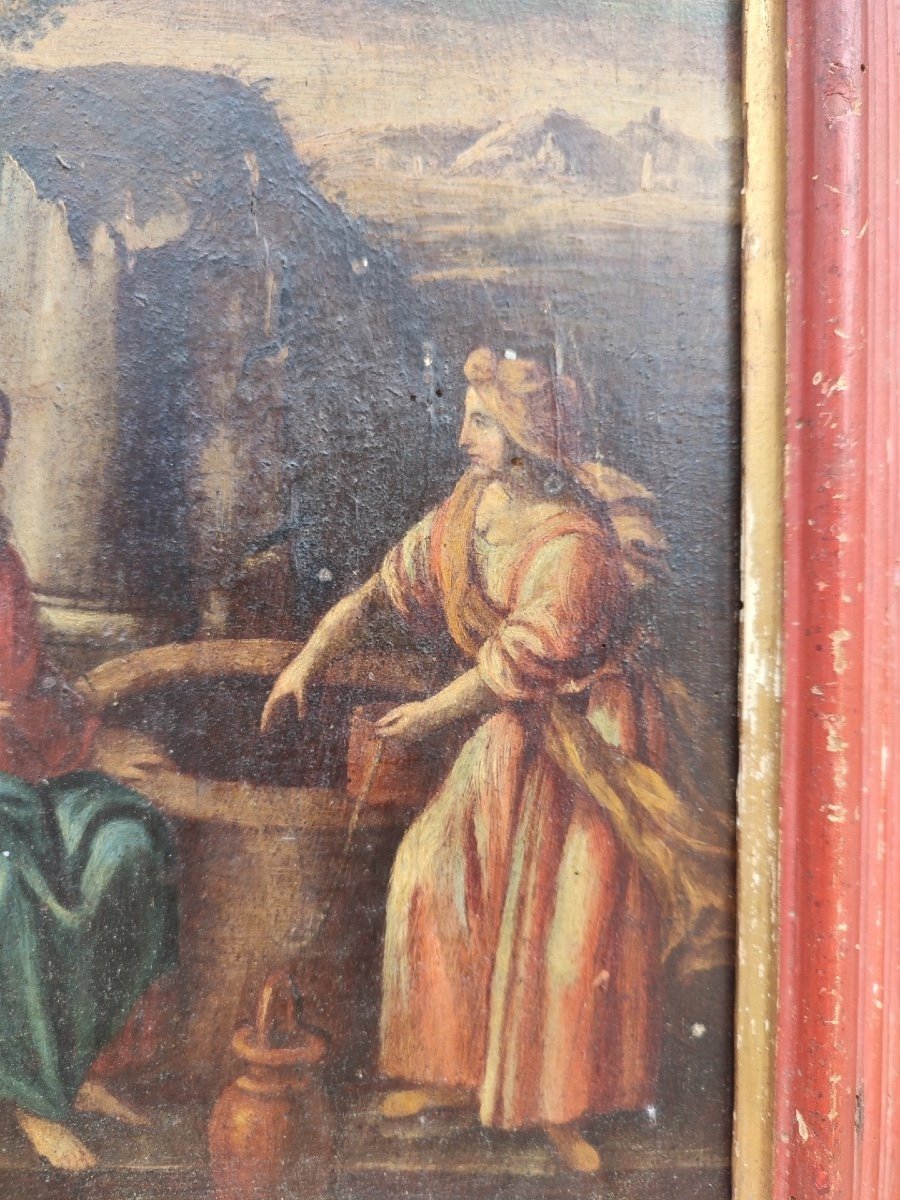 ''Samaritana al pozzo'', olio su tavola prima metà del XVII secolo su cornice coeva in lacca ro-photo-1