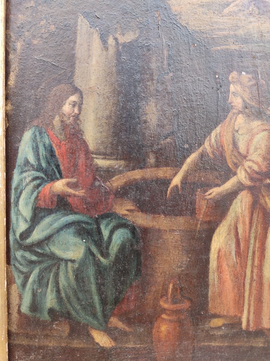 ''Samaritana al pozzo'', olio su tavola prima metà del XVII secolo su cornice coeva in lacca ro-photo-2