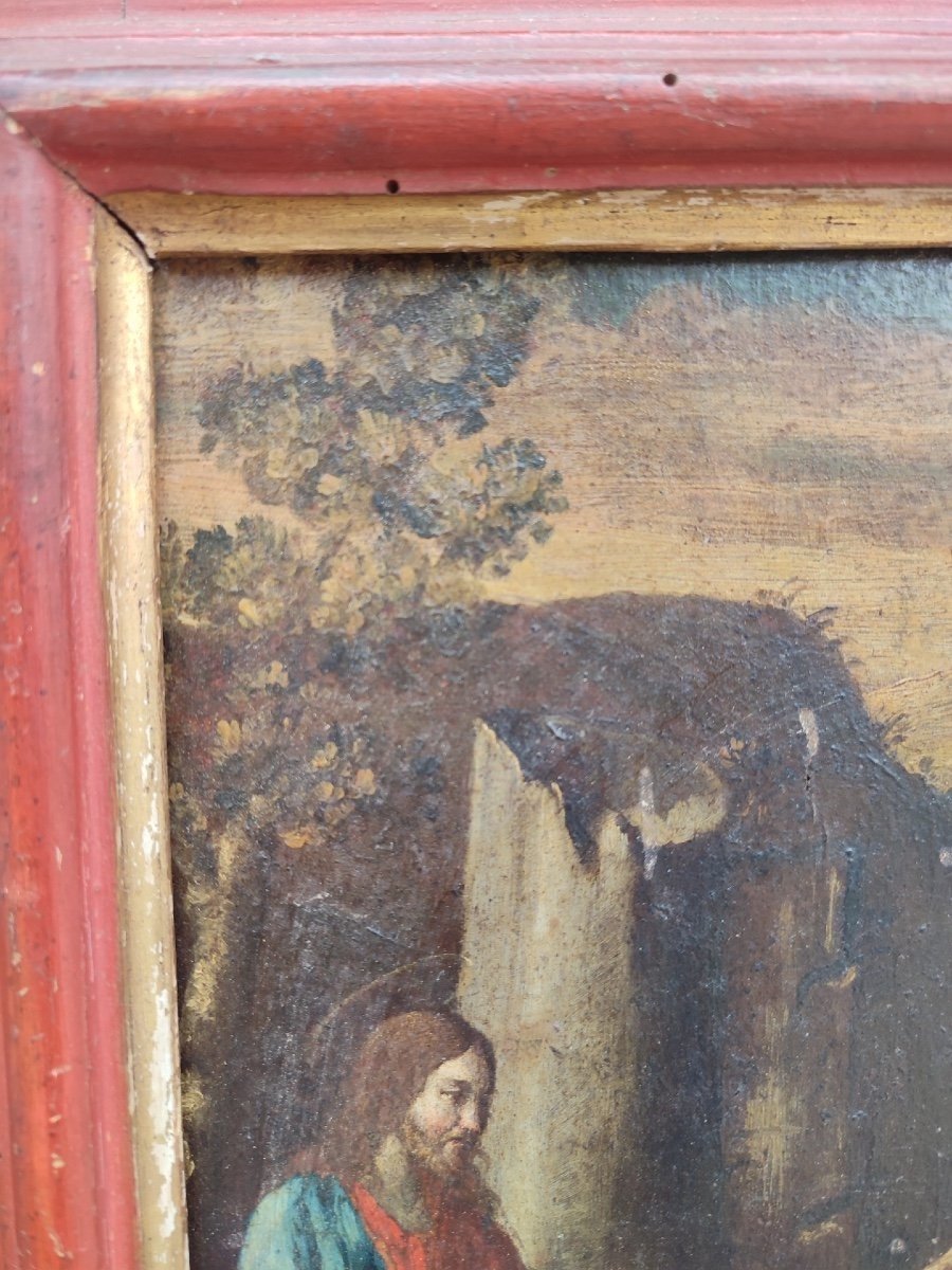 ''Samaritana al pozzo'', olio su tavola prima metà del XVII secolo su cornice coeva in lacca ro-photo-3