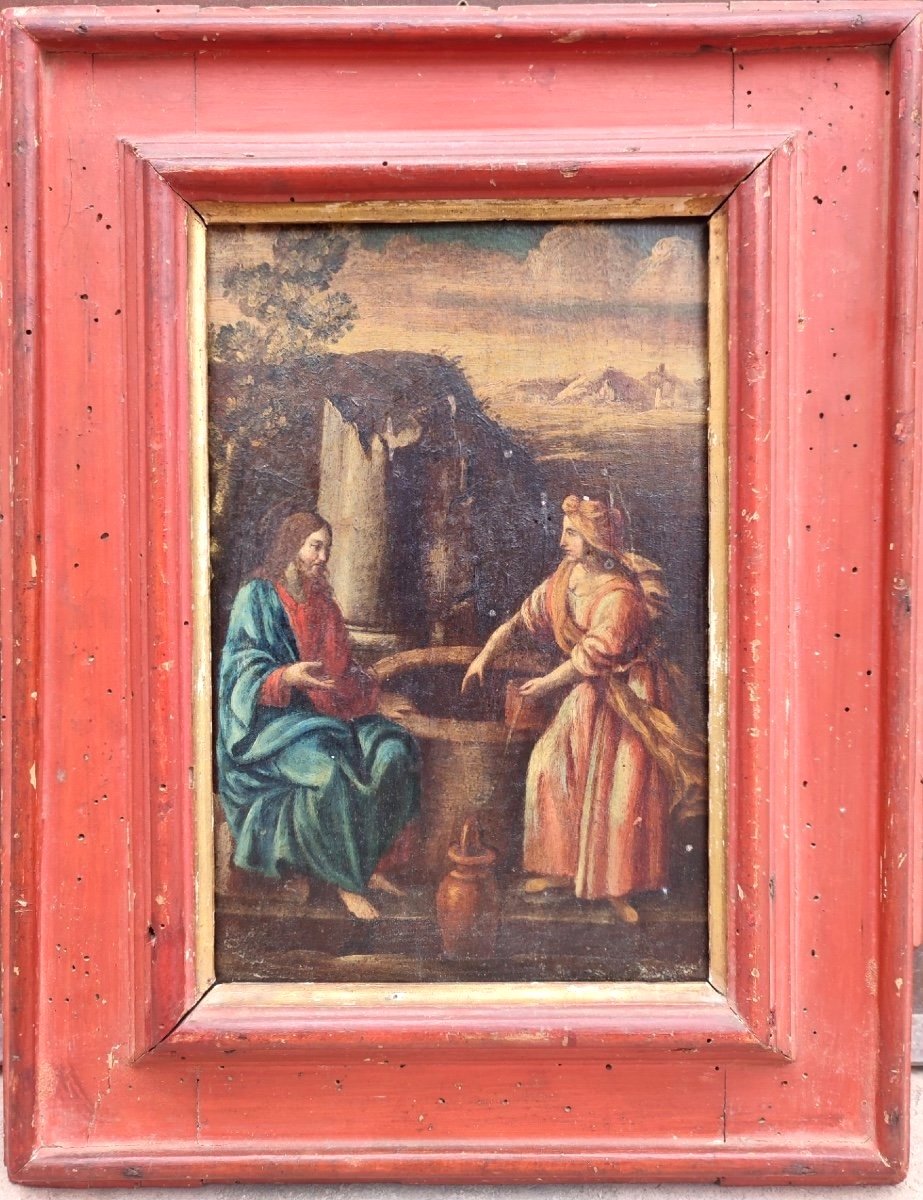 ''Samaritana al pozzo'', olio su tavola prima metà del XVII secolo su cornice coeva in lacca ro