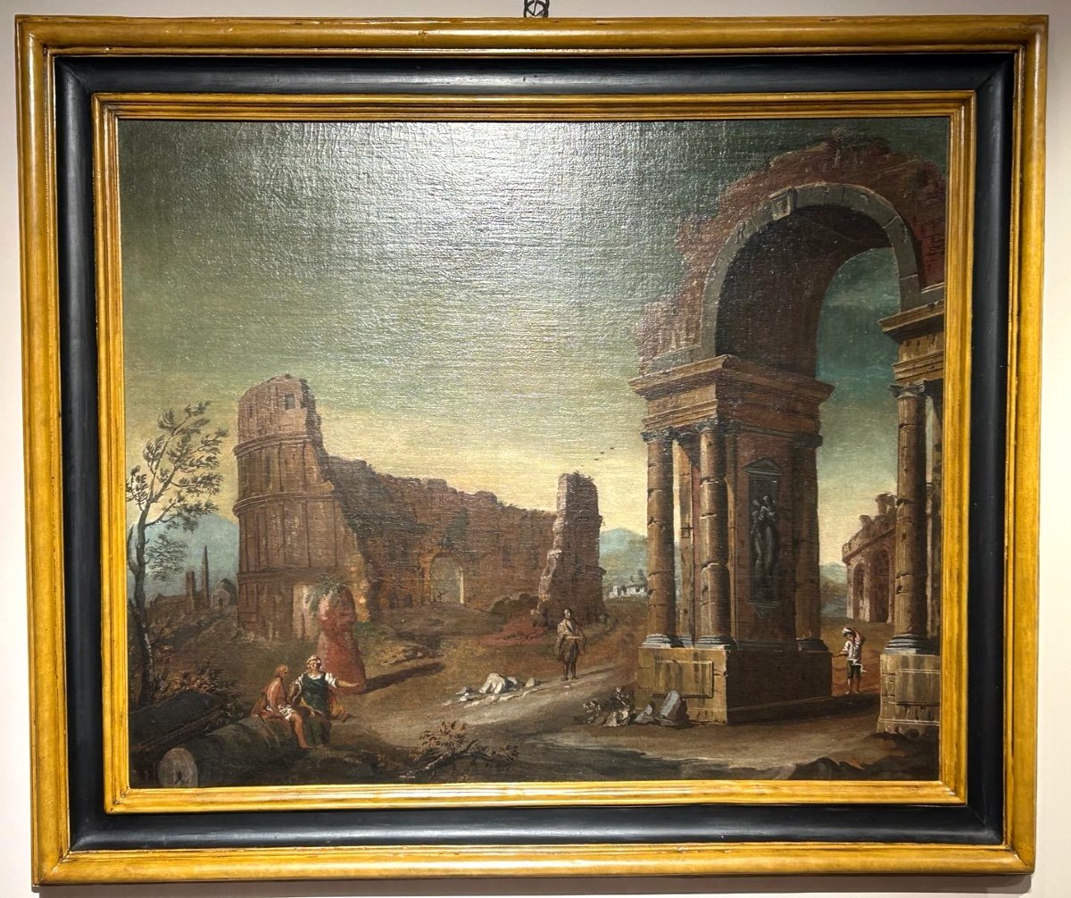 Paesaggio con rovine attr. a Gaetano Ottani (1720 - 1801) - splendida cornice "salvador rosa" .