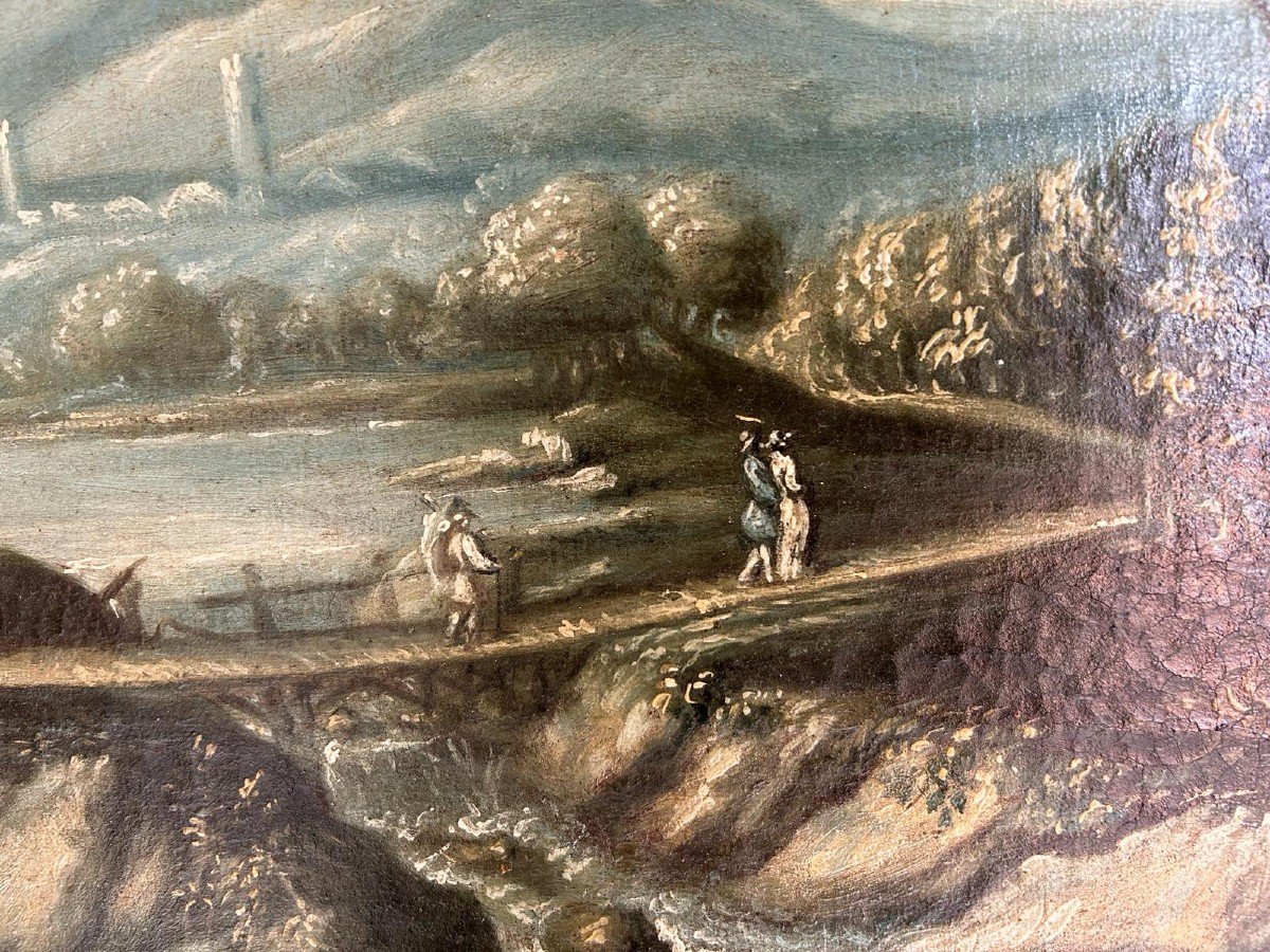 Capriccio paesaggistico con personaggi, Veneto prima metà del XVIII (80 x 50 cm).-photo-2