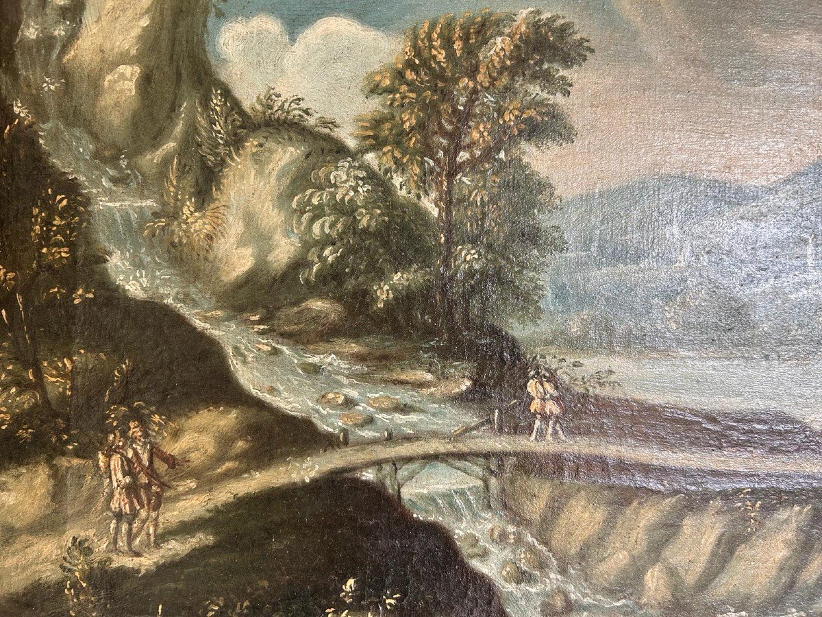 Capriccio paesaggistico con personaggi, Veneto prima metà del XVIII (80 x 50 cm).-photo-3