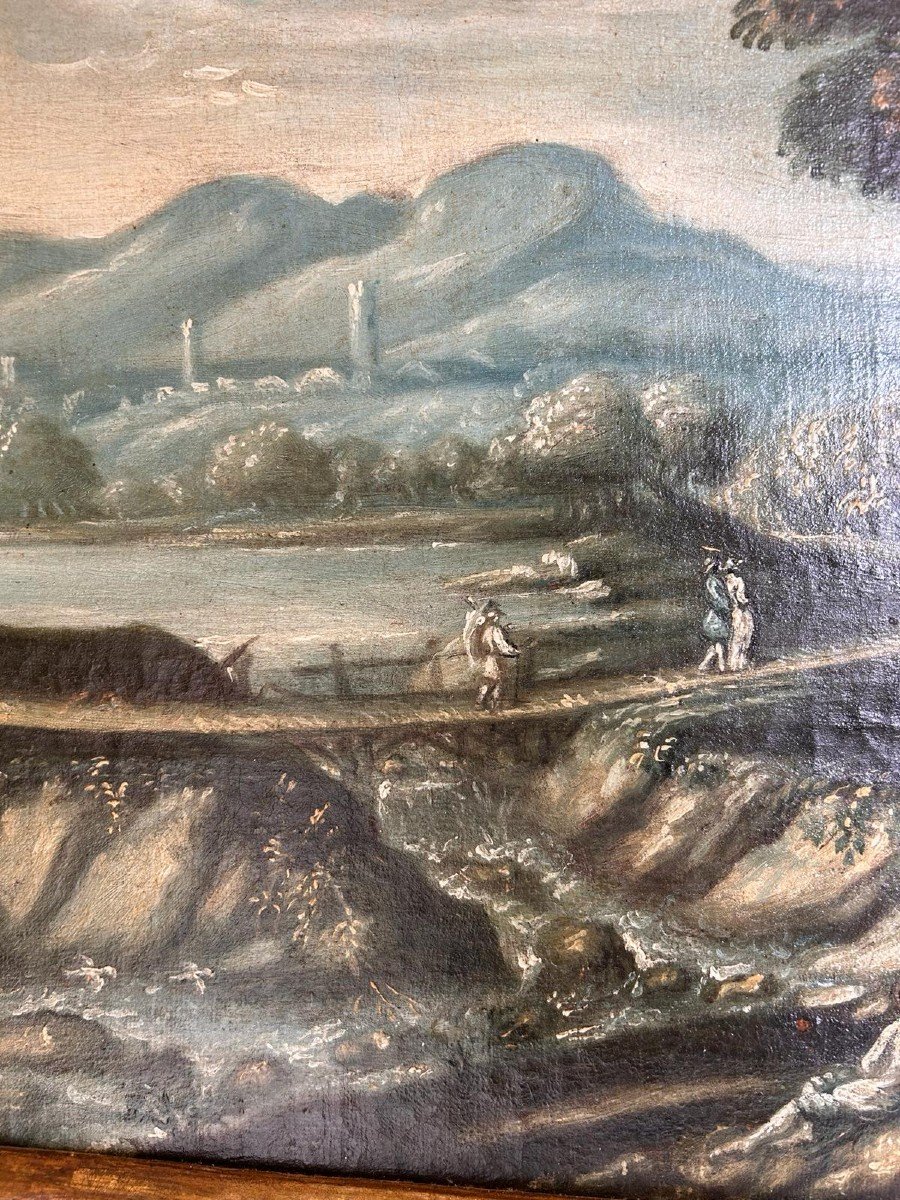 Capriccio paesaggistico con personaggi, Veneto prima metà del XVIII (80 x 50 cm).-photo-4