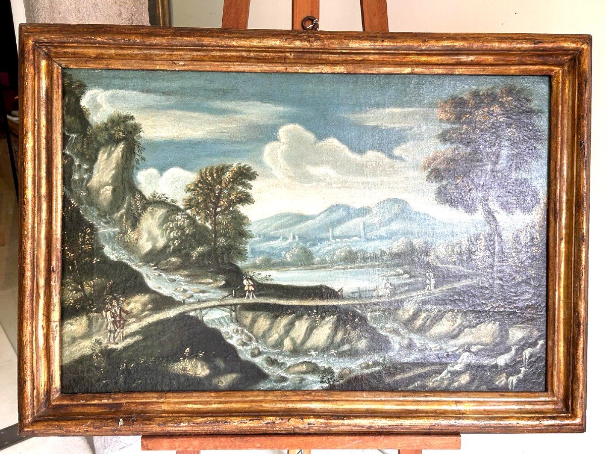 Capriccio paesaggistico con personaggi, Veneto prima metà del XVIII (80 x 50 cm).
