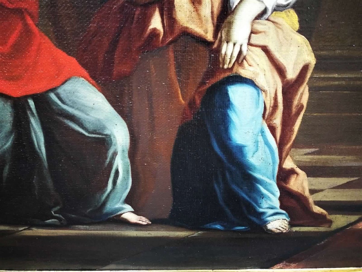 Esther e Assuero - Olio su tela della 2a metà del XVII secolo. Cornice romana sabbiata coeva.-photo-4