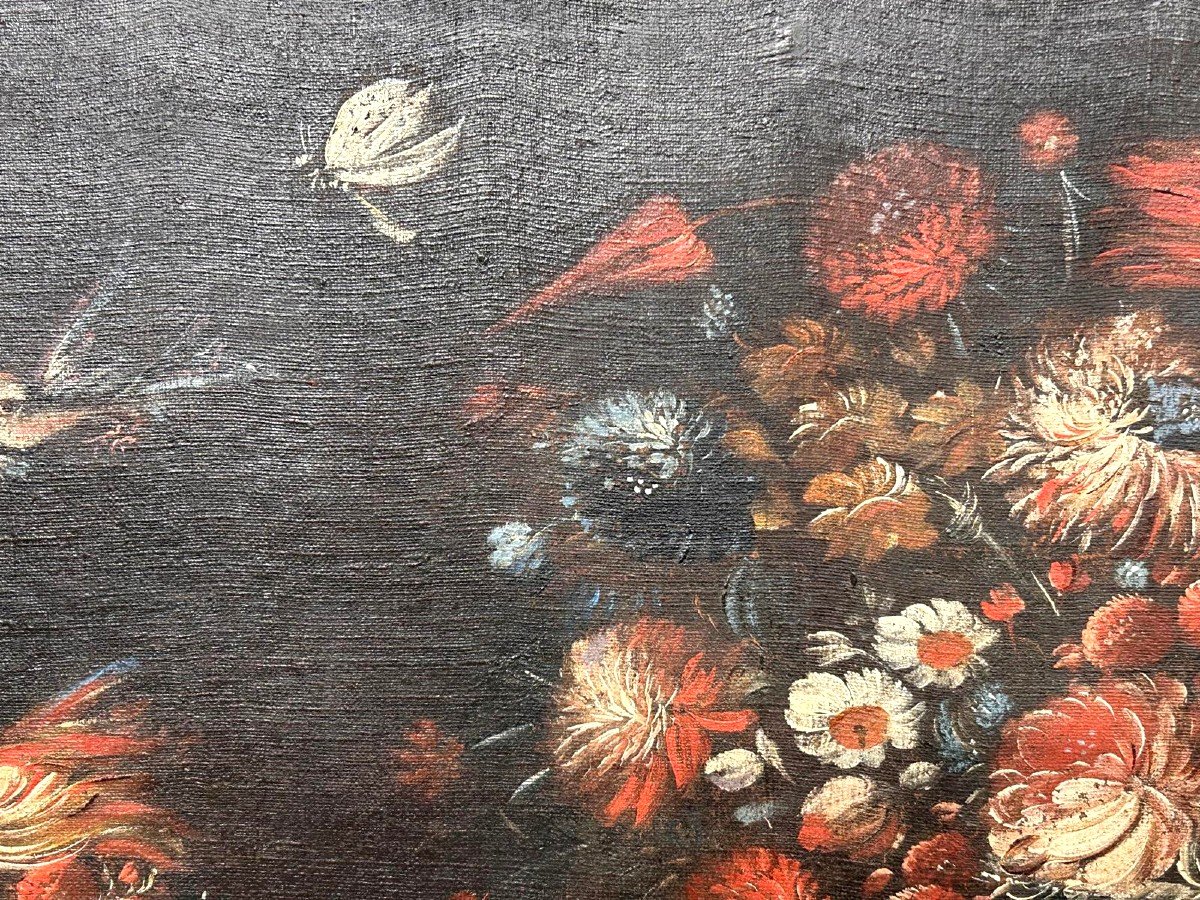 Coppia di nature morte del XVII secolo con vasi di fiori e volatili.-photo-1