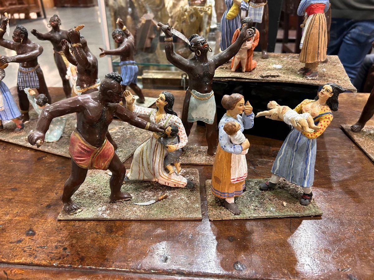 Antico diorama composto da statue in terracotta  raff. strage degli innocenti, Napoli XIX sec.-photo-2