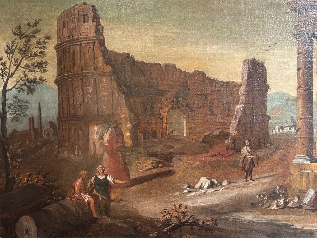 Capriccio con rovine e vindanti - attr. a Gaetano Ottani(1720 -1801) imporante cornice antica-photo-3
