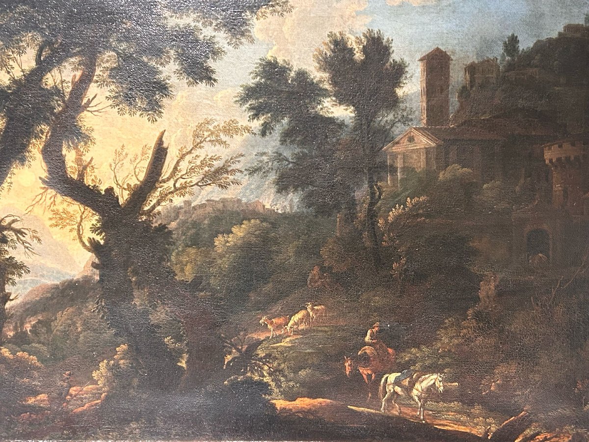 Aurora nella campagna laziale con viandanti e personaggi della seconda metà del XVII secolo.-photo-2