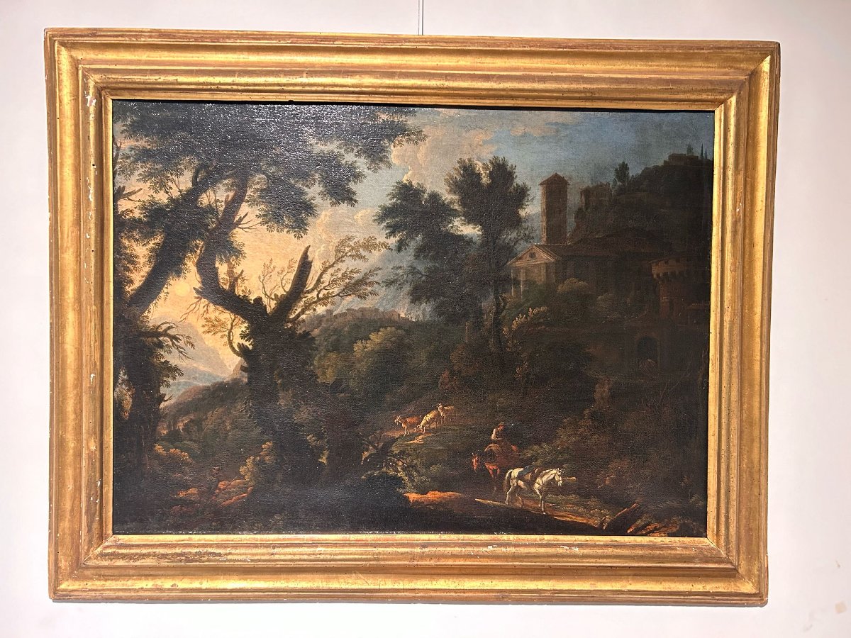 Aurora nella campagna laziale con viandanti e personaggi della seconda metà del XVII secolo.-photo-1