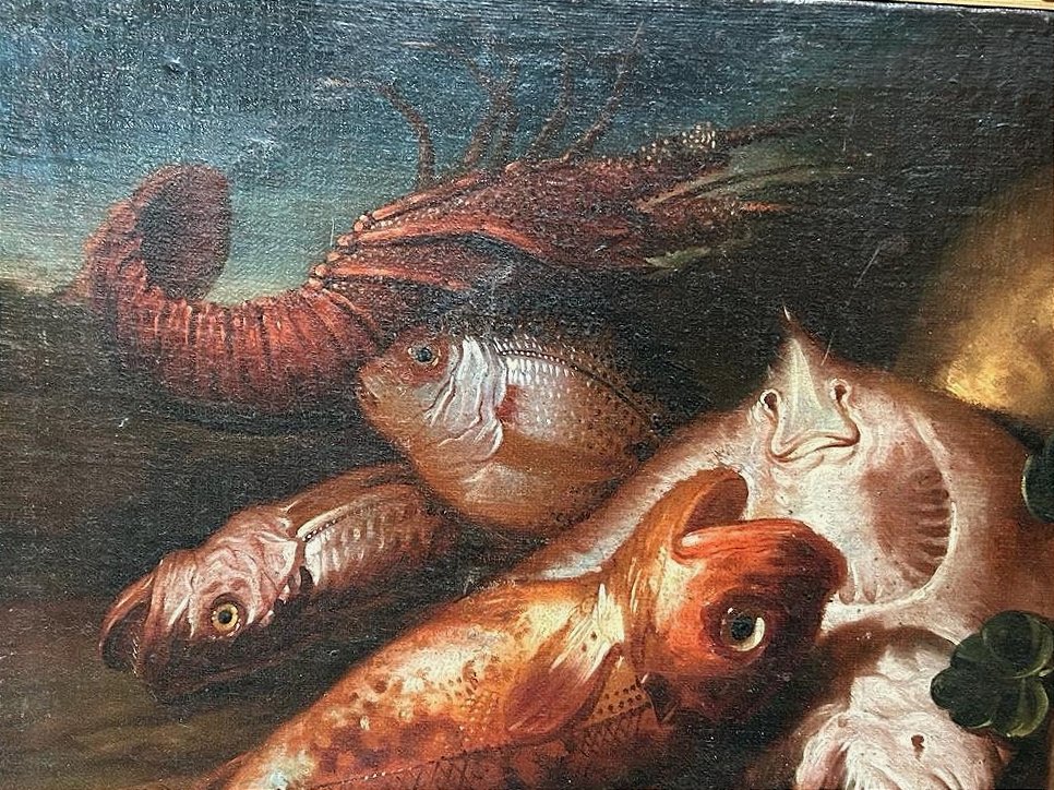 Natura morta di pesci e crostacei, bottega dei Recco, Elena Recco (?).-photo-3