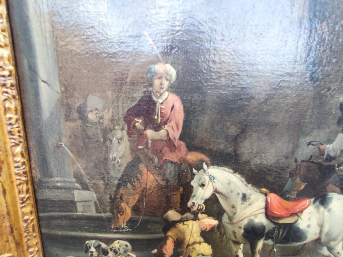 Uscita di caccia con falconiere, firmata dal maestro olandese Simon Van Douw (1630 - 1677)-photo-4