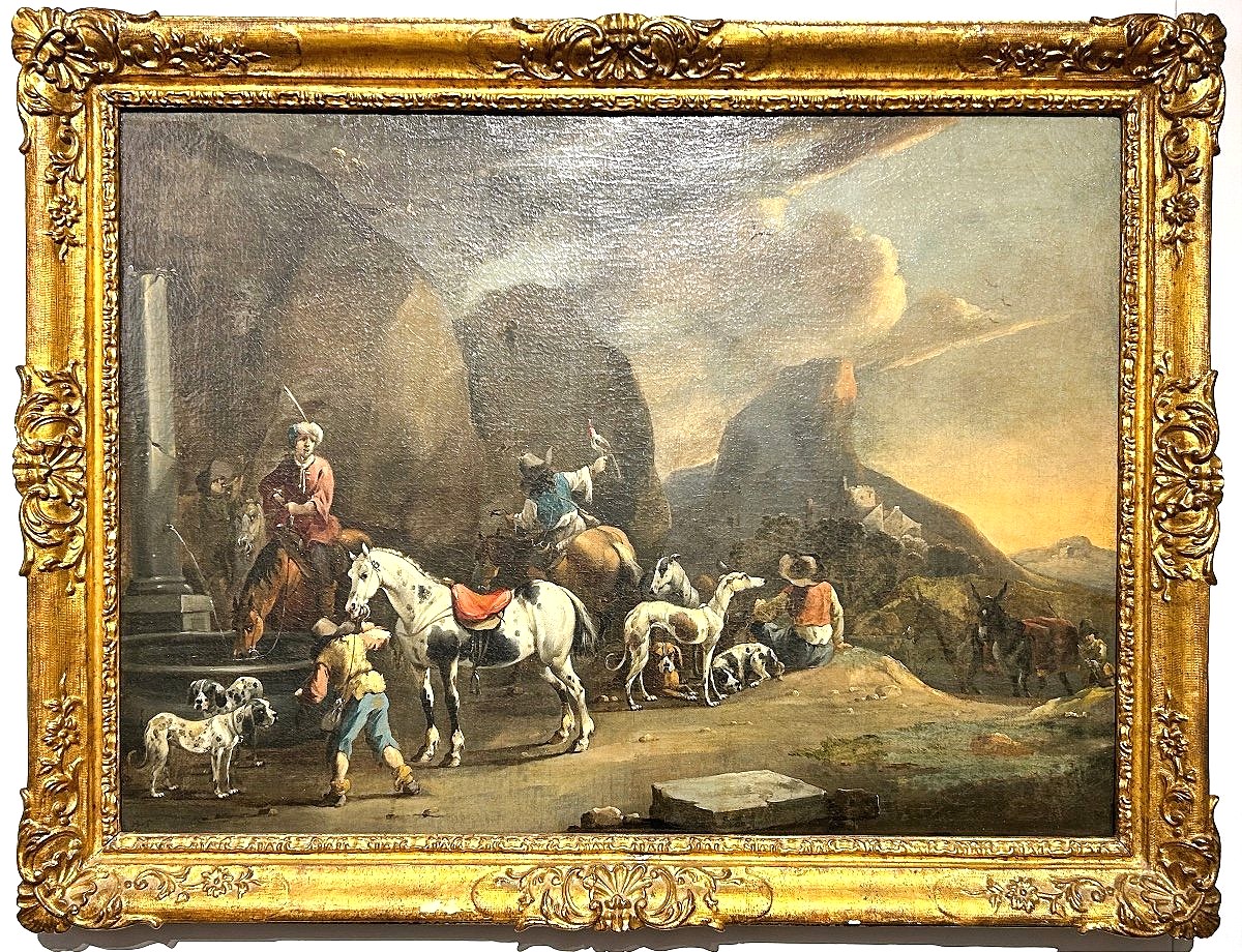 Uscita di caccia con falconiere, firmata dal maestro olandese Simon Van Douw (1630 - 1677)