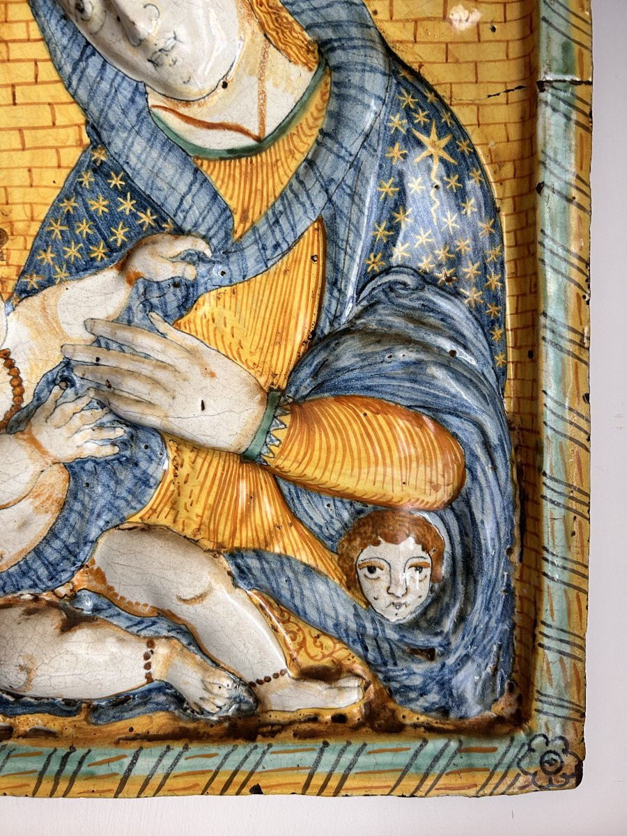Madonna con bambino, antica placca in ceramica policroma di Deruta della metà del XVII secolo-photo-3