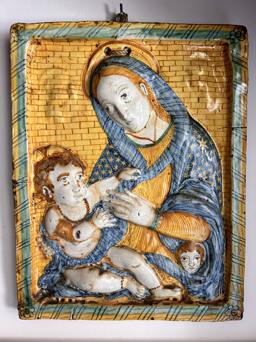 Madonna con bambino, antica placca in ceramica policroma di Deruta della metà del XVII secolo-photo-4