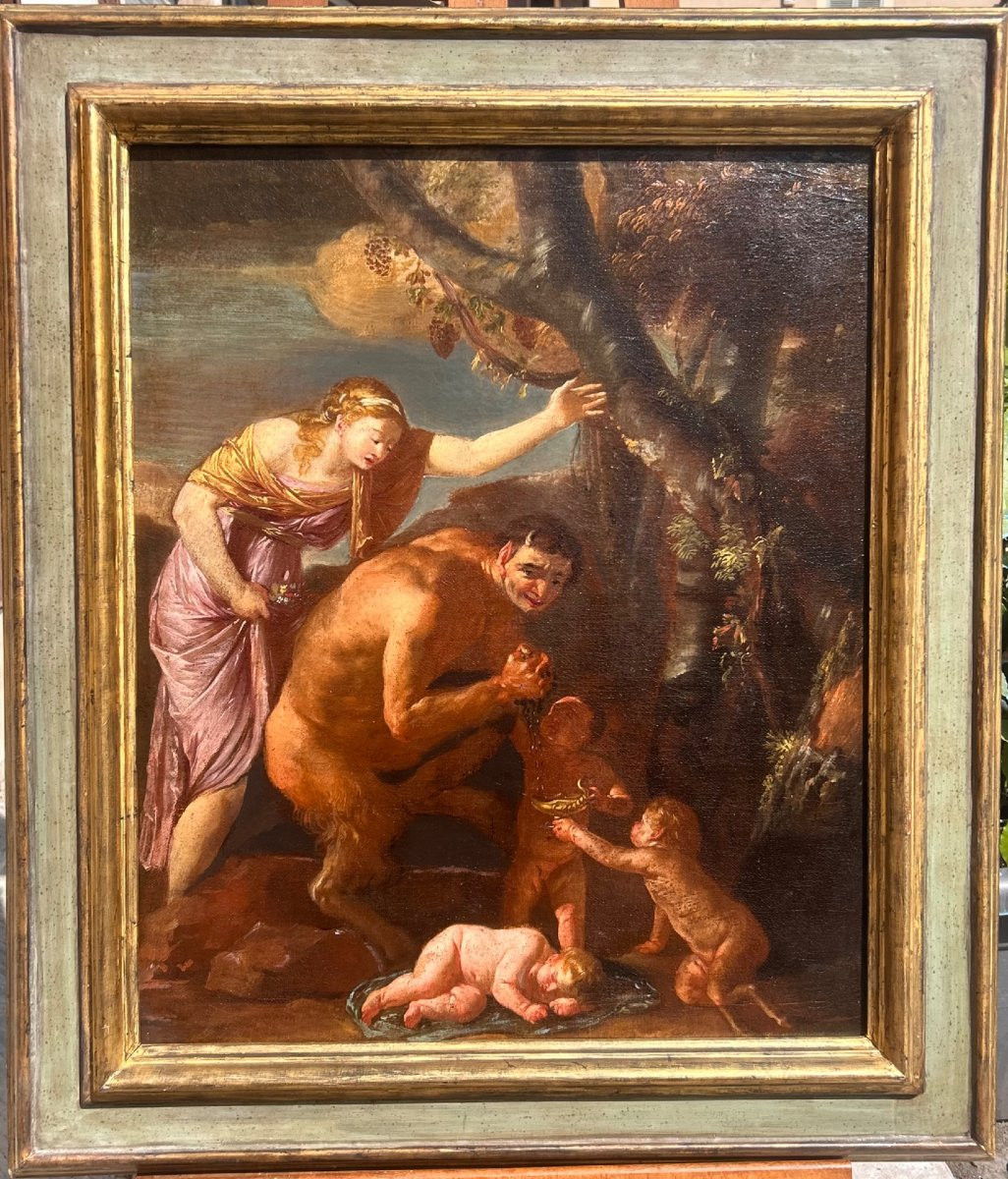 Scena dionisiaca con sileno e satiri in metamorfosi, olio su tela del XVII secolo-photo-2
