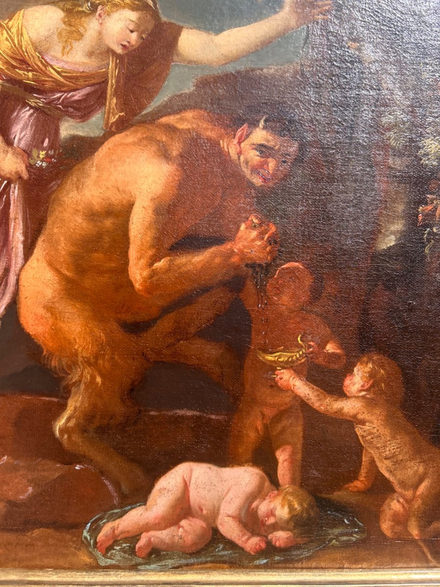 Scena dionisiaca con sileno e satiri in metamorfosi, olio su tela del XVII secolo-photo-3
