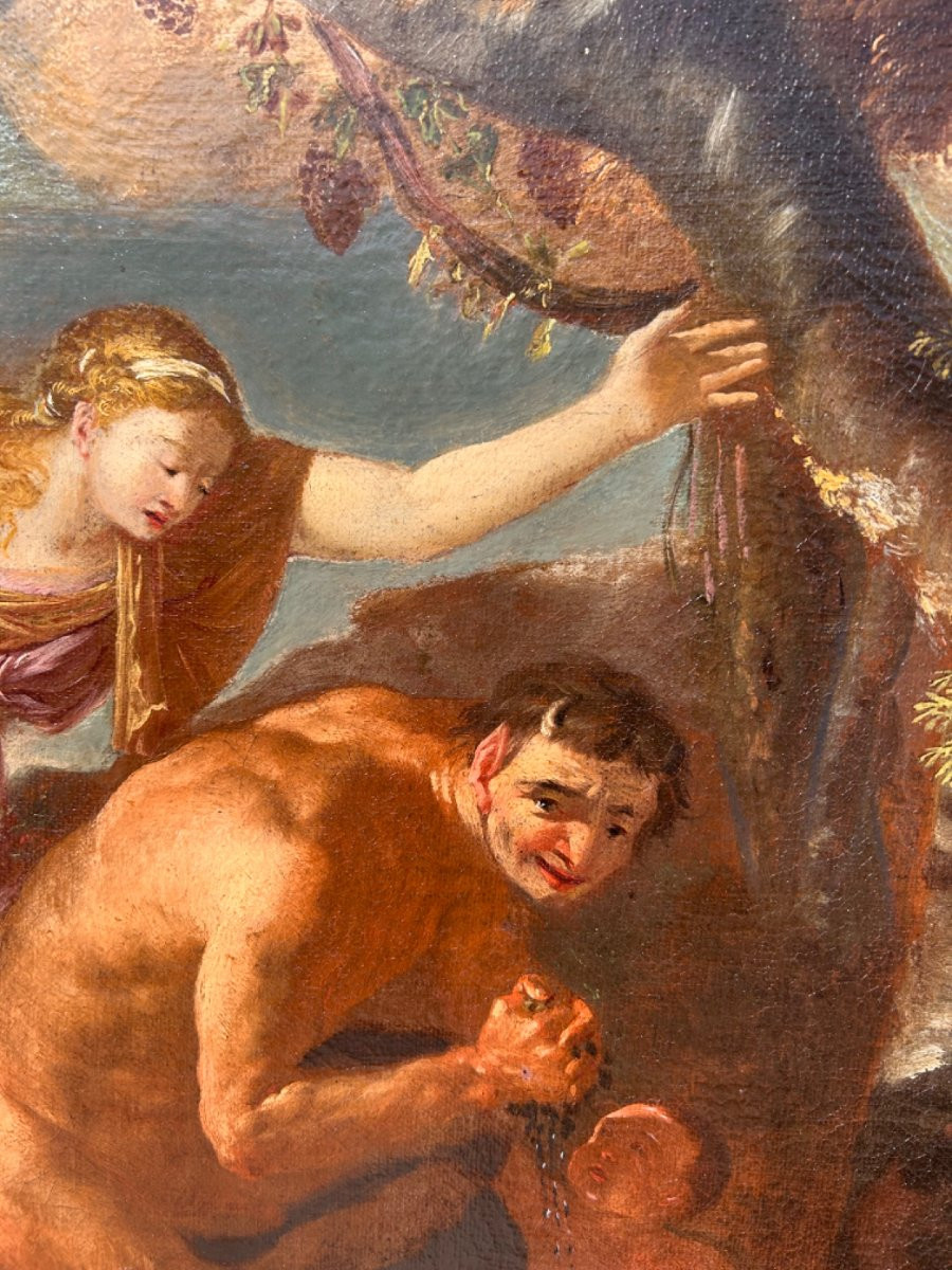 Scena dionisiaca con sileno e satiri in metamorfosi, olio su tela del XVII secolo-photo-1