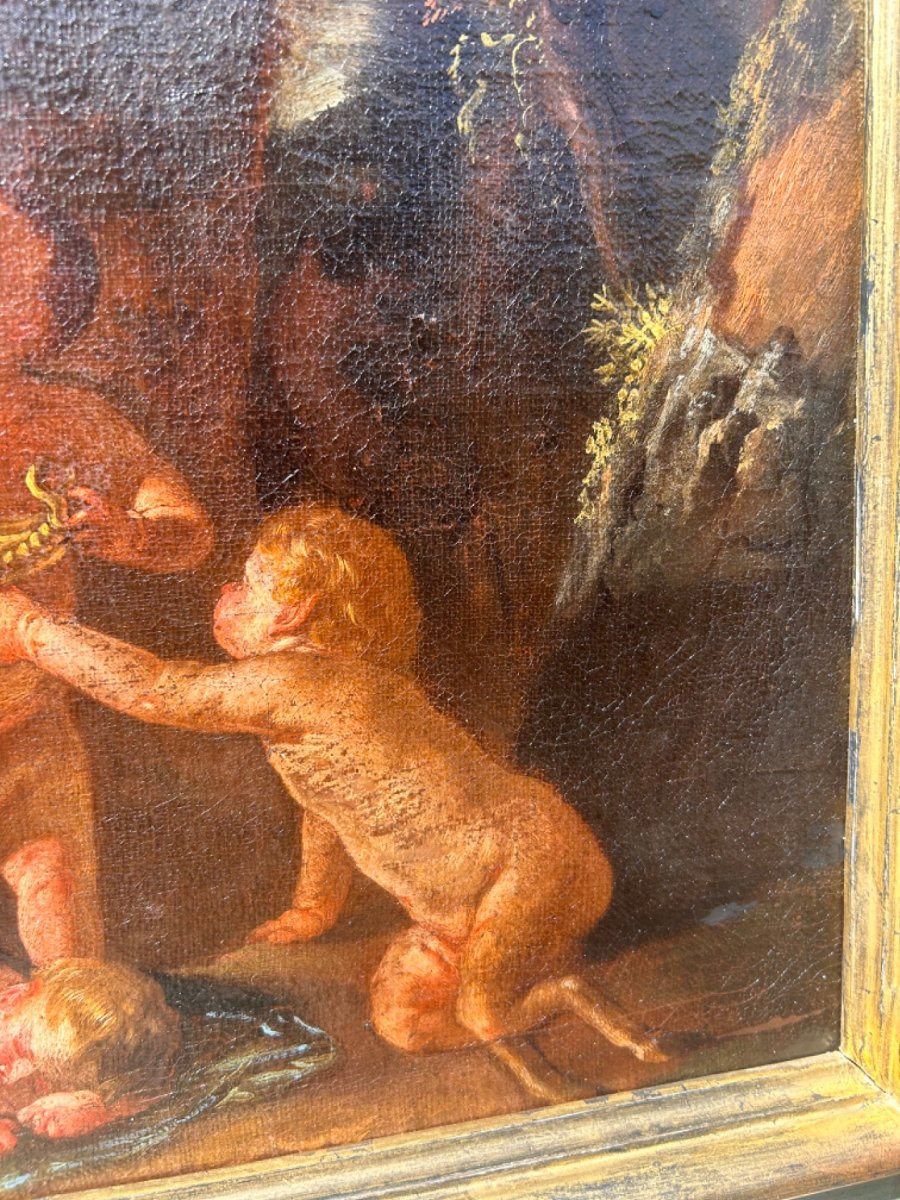 Scena dionisiaca con sileno e satiri in metamorfosi, olio su tela del XVII secolo-photo-2