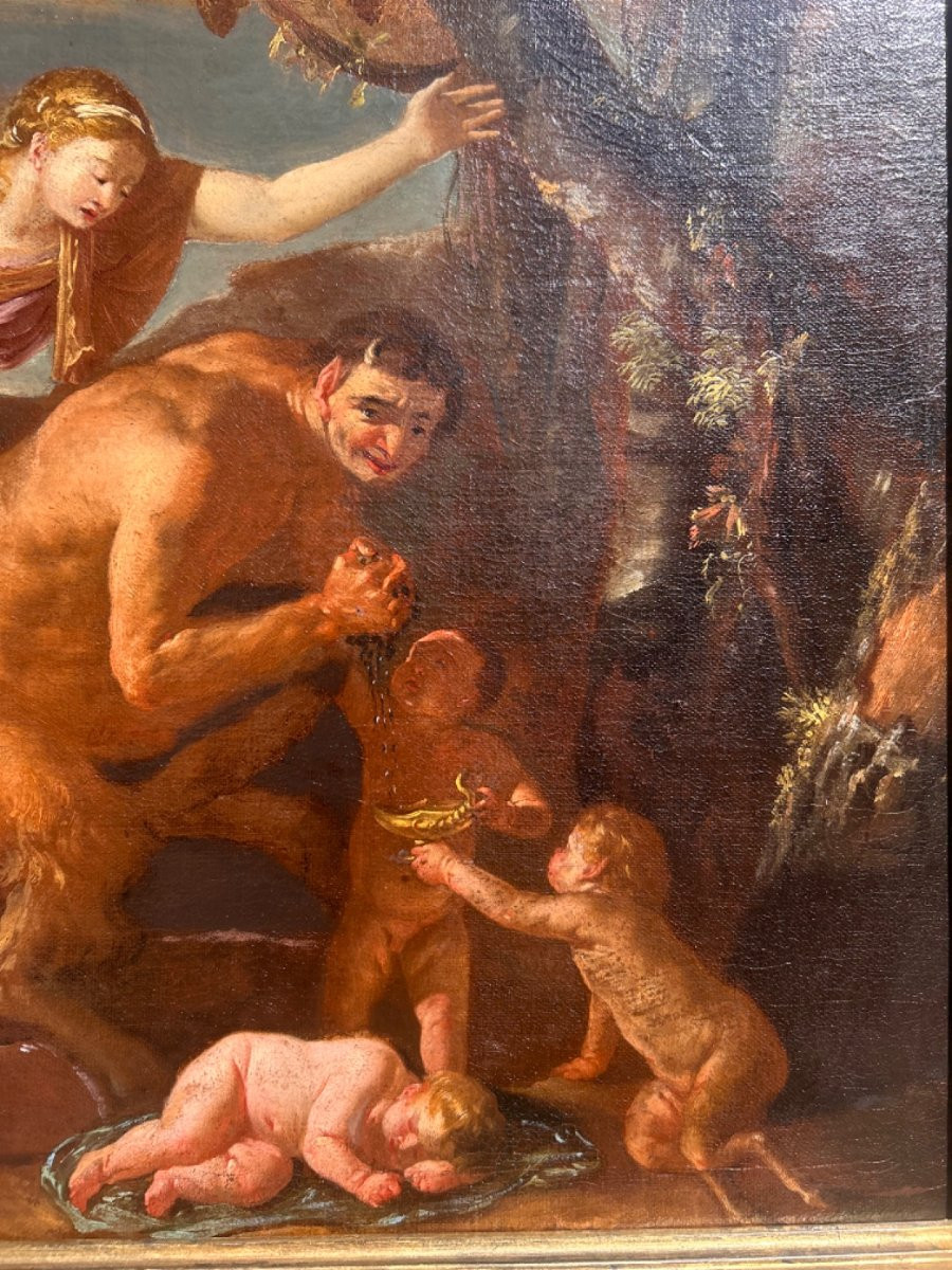 Scena dionisiaca con sileno e satiri in metamorfosi, olio su tela del XVII secolo-photo-4