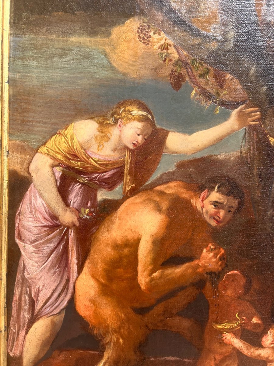 Scena dionisiaca con sileno e satiri in metamorfosi, olio su tela del XVII secolo-photo-5