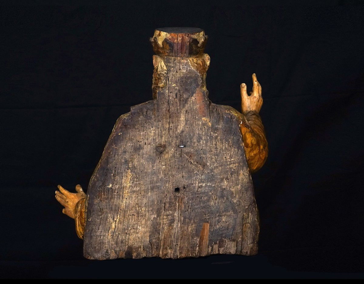 Scultura di santo in legno policromo e ricca decorazione ''Estofado de Oro'' 1a metà del XVIs.-photo-3