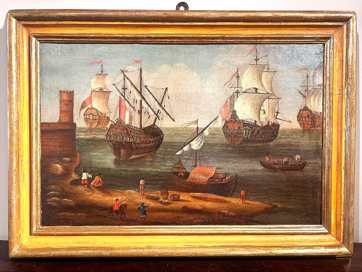 Interessante marina con personaggi e galeoni con cornice coeva. Centro-Italia fine del '600.