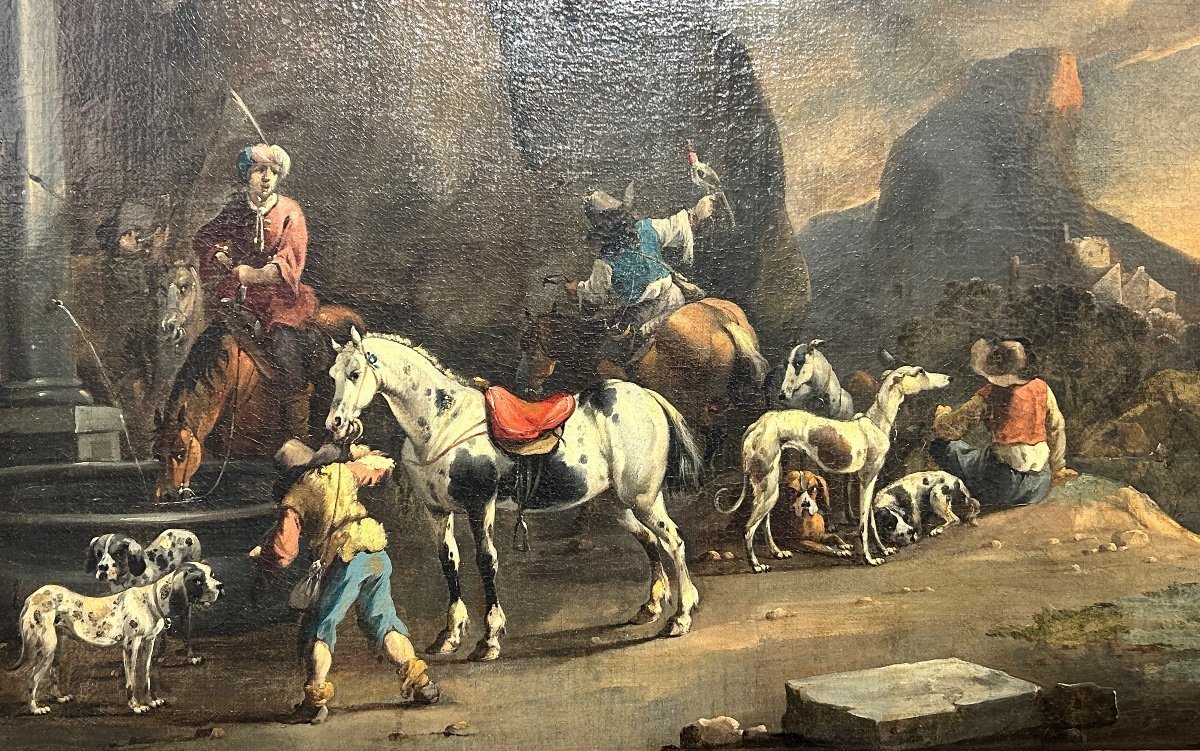 Uscita di caccia con falconiere, firmata dal maestro olandese Simon Van Douw (1630 - 1677)-photo-2