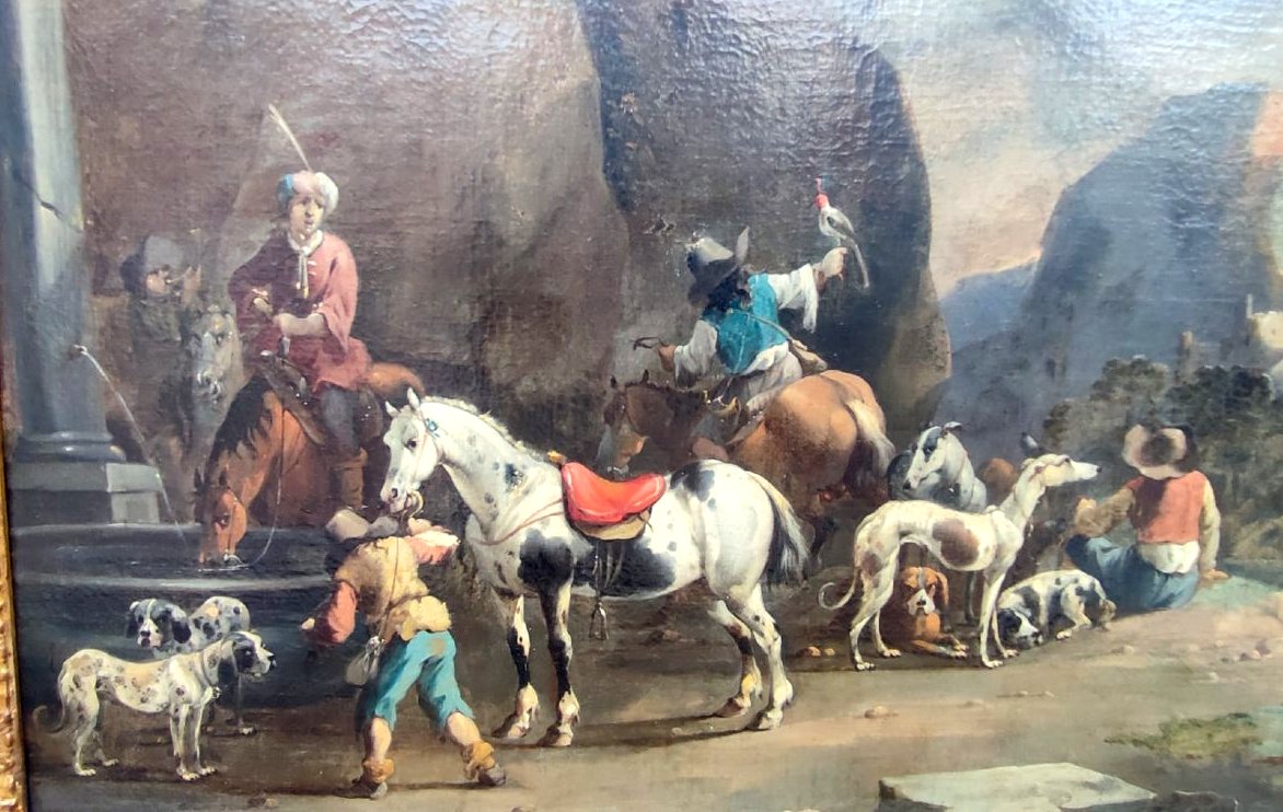 Uscita di caccia con falconiere, firmata dal maestro olandese Simon Van Douw (1630 - 1677)-photo-4