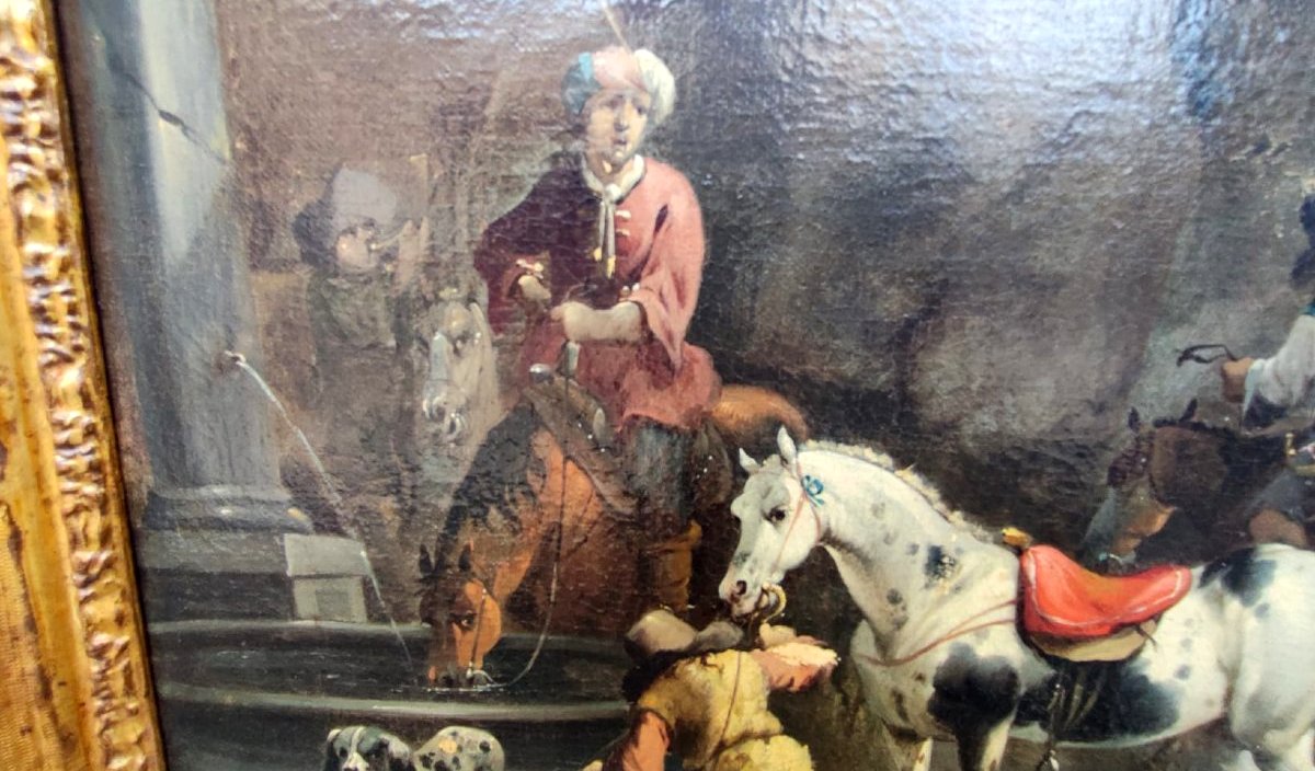 Uscita di caccia con falconiere, firmata dal maestro olandese Simon Van Douw (1630 - 1677)-photo-5