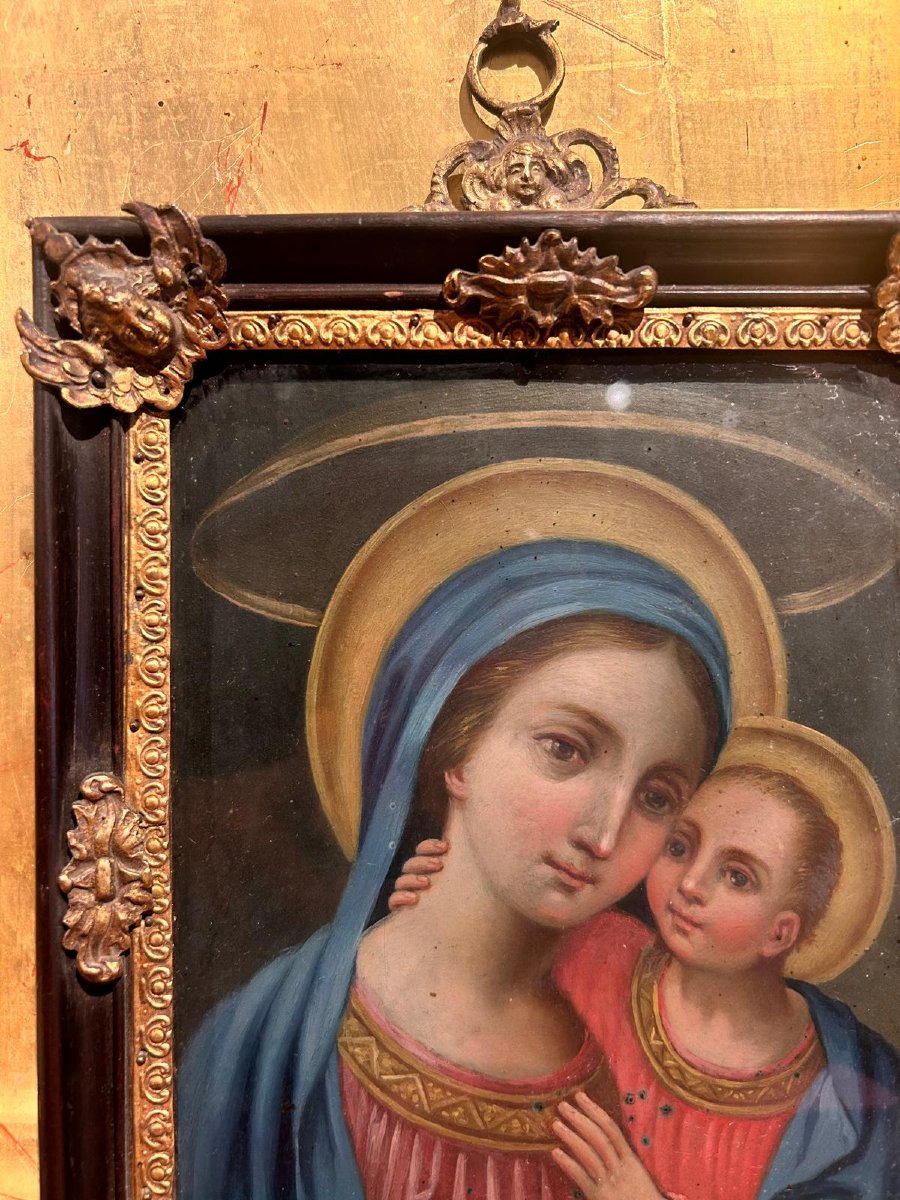 Olio su rame raff. Madonna con bambino, inizi del XVIII secolo-photo-1