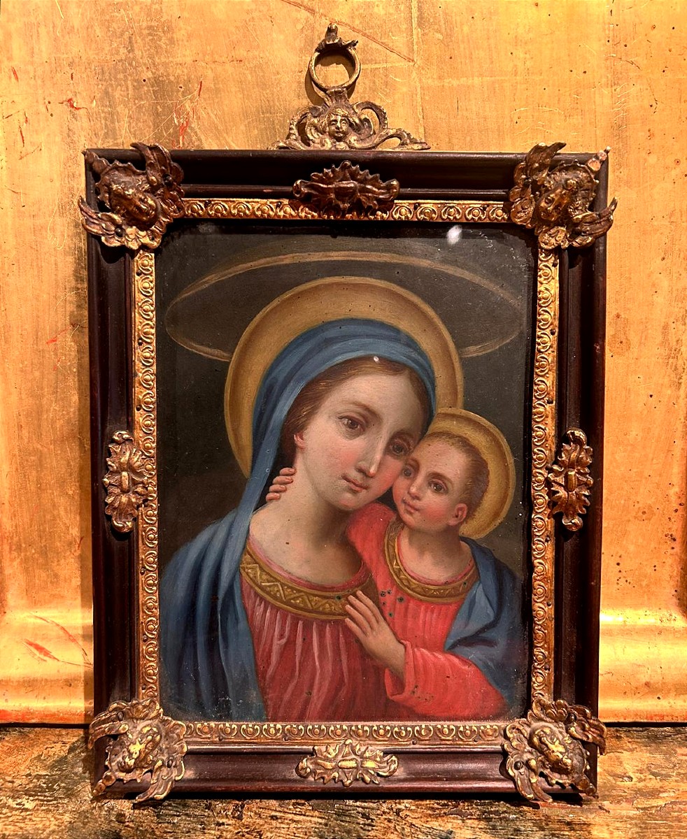Olio su rame raff. Madonna con bambino, inizi del XVIII secolo