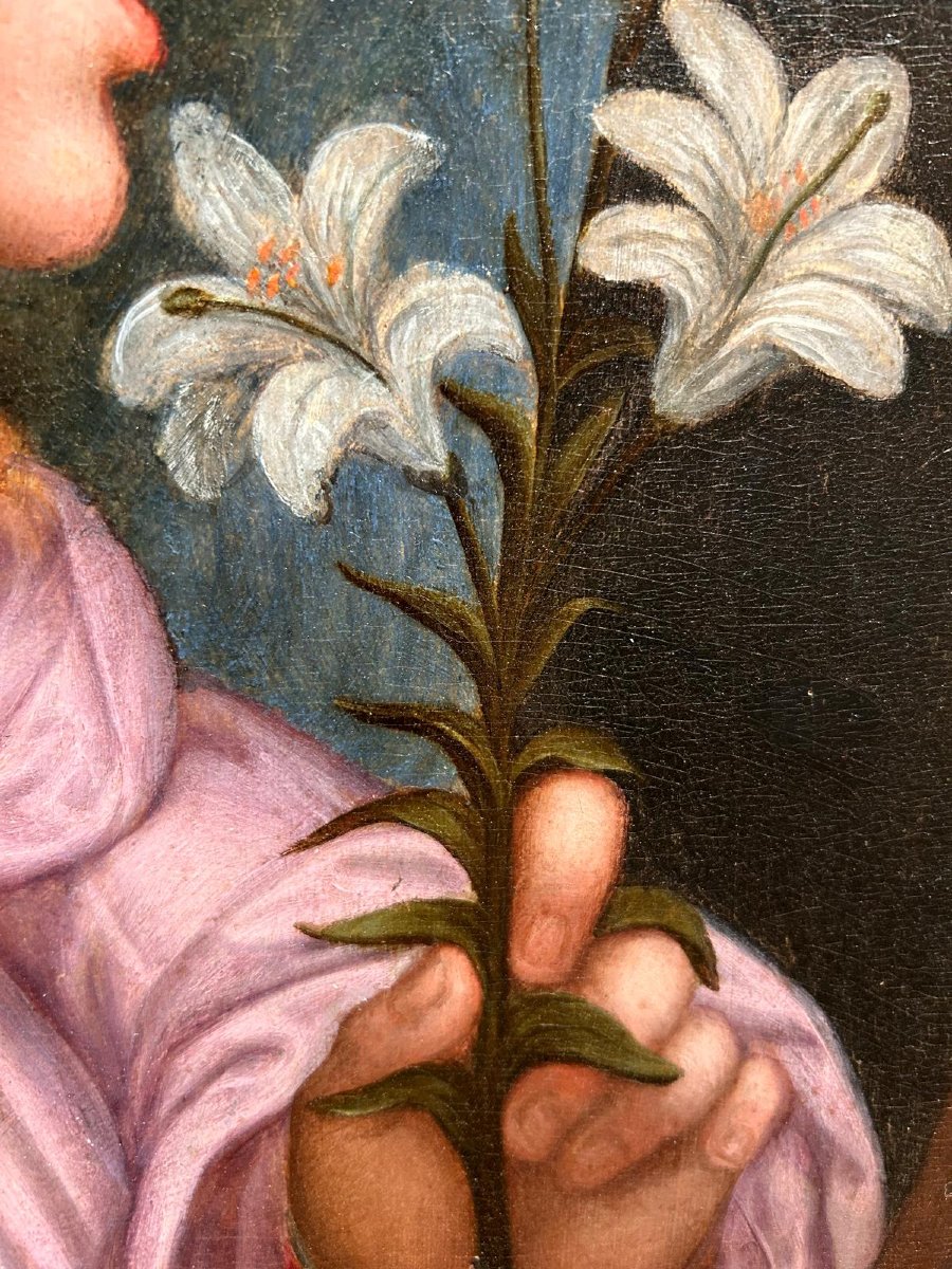 Angelo annunciante, olio su tavola dei primi del XVI secolo. Firenze, scuola di San Marco.-photo-5