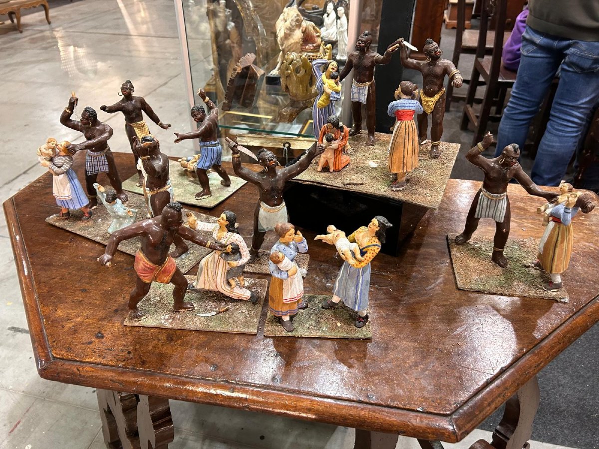 Antico diorama composto da statue in terracotta  raff. strage degli innocenti, Napoli XIX sec.-photo-2